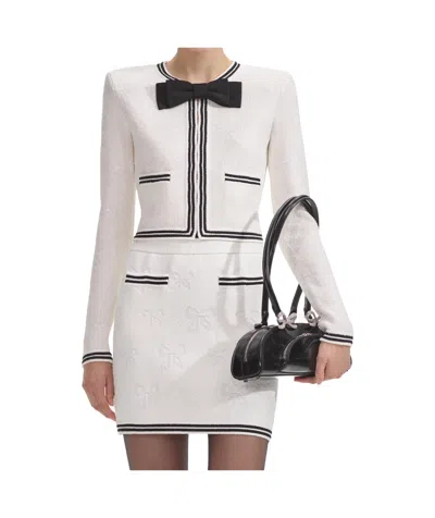 Self-portrait Jacquard Cardigan Jacket With Brooch In White