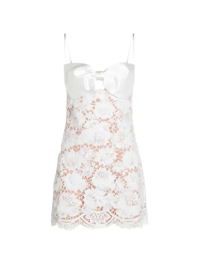 Self-portrait White Lace Mini Dress With Oversized Satin Bow In Neutral