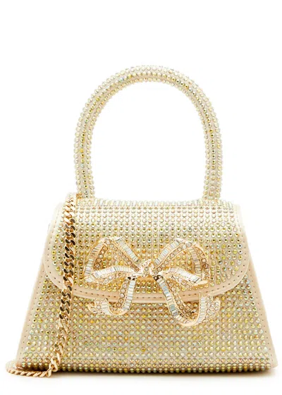 Self-portrait Bow Micro Embellished Satin Top Handle Bag In Gold