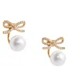 Self-portrait Crystal And Faux Pearl Bow Jacket Earrings In Gold