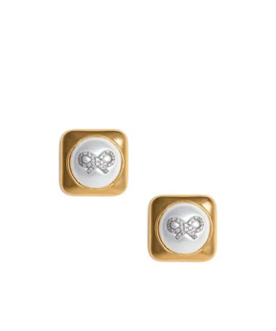 Self-portrait Bow Pearl Gold Square Earrings In Golden