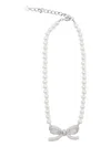 Self-portrait Lustrous Pearl Necklace With Bow-shaped Pendant In Metallic