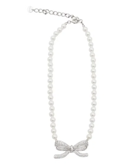 Self-portrait Faux Pearl Necklace With Silver Bow