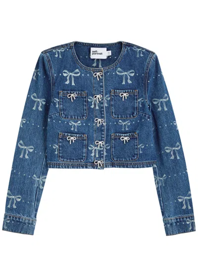 Self-portrait Bow-print Embellished Denim Cropped Jacket In Blue