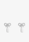 Self-portrait Bow-shaped Embellished Pearl Drop Earrings In Silver