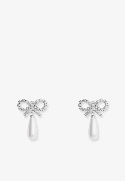 Self-portrait Bow-shaped Embellished Pearl Drop Earrings In Silver