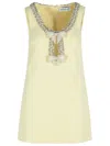 Self-portrait Yellow Crewneck Mini Dress With Jewel Embellishment On The Collar And Bow Detail On The Front In Tec In Nude