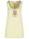Self-portrait Yellow Crewneck Mini Dress With Jewel Embellishment On The Collar And Bow Detail On The Front In Tec In Nude