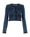 Self-portrait Blue Cropped Jacket With Patch Pocket In Textured Denim Woman In Blue
