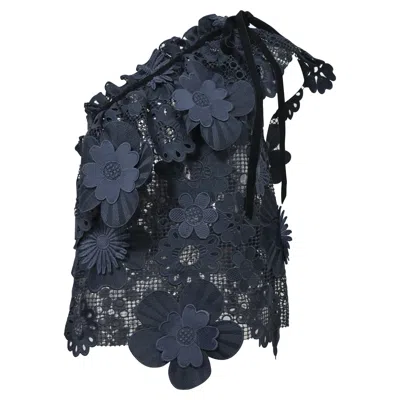Self-portrait Broderie Lace One Shoulder Sleeveless Ruffled Top In Navy Blue Polyester