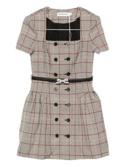 Self-portrait Brown Check Short Sleeve Mini Dress In Gray
