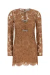 Self-portrait Womens Tan Lace Bow-embellished Woven Mini Dress In Brown