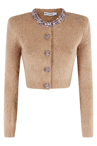 SELF-PORTRAIT BROWN EMBELLISHED TRIM CARDIGAN