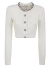 Self-portrait Whirw Cropped Crewneck Cardigan With Crystal Embellishments On Collar And Buttons In Wool Blend Woma In White
