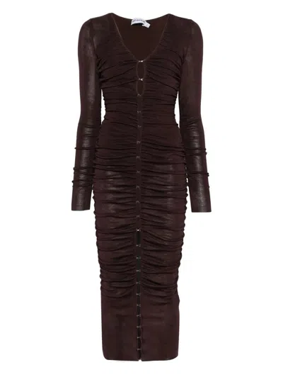Self-portrait Brown Gathered Viscose Knit Midi Dress Clothing