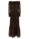 Self-portrait Brown Georgette Off Shoulder Maxi Dresses Brown In Brown