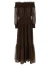 Self-portrait Brown Georgette Off Shoulder Maxi Dresses Brown In Brown