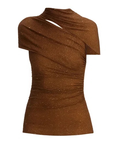 Self-portrait Brown Rhinestone Mesh Cut Out Top