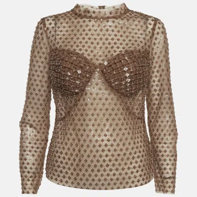 Pre-owned Self-portrait Brown Tulle Sheer Dot Sequin Embellished Top M