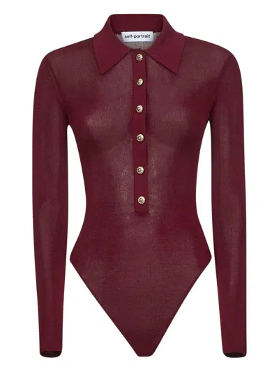 Self-portrait Burgundy Bodysuit With Collar And Front Buttons Self Portrait In Red