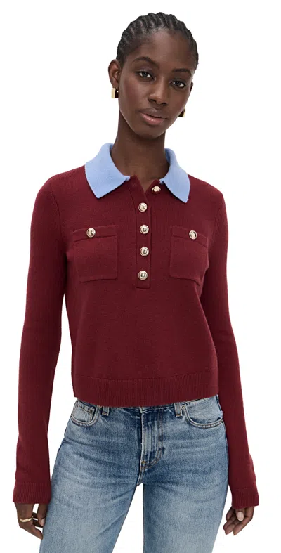 SELF-PORTRAIT BURGUNDY CONTRAST COLLAR KNIT TOP RED