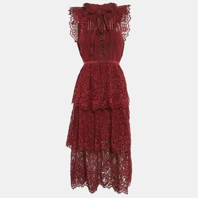 Pre-owned Self-portrait Burgundy Cord Lace Tiered Midi Dress S