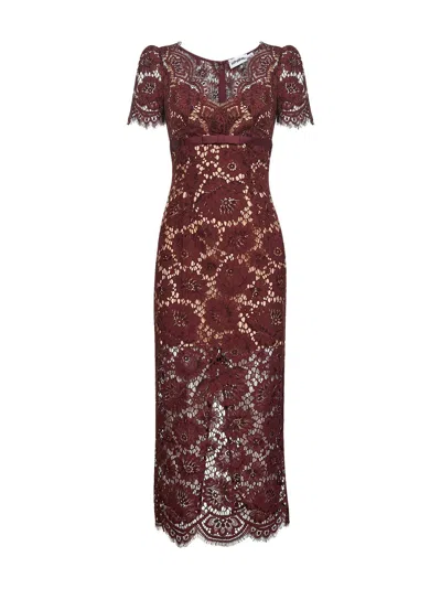 SELF-PORTRAIT BURGUNDY FLORAL LACE MIDI DRESS