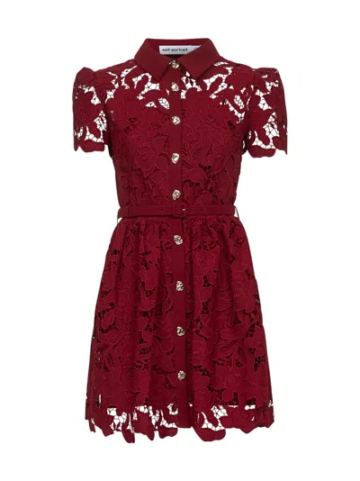SELF-PORTRAIT BURGUNDY FLORAL LACE MINI DRESS<BR/>