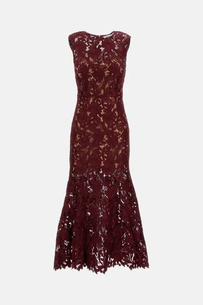 Self-portrait Fitted Guipure Lace Midi Dress With Removable Belt In Red