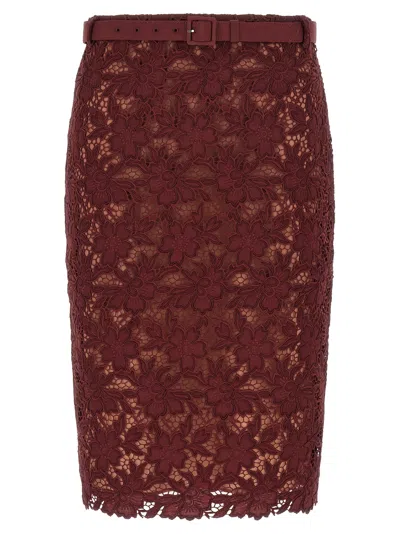 SELF-PORTRAIT BURGUNDY GUIPURE LACE MIDI SKIRTS BORDEAUX
