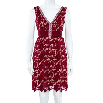 Self-portrait Burgundy Guipure Lace Plunge Neck Detail Short Dress