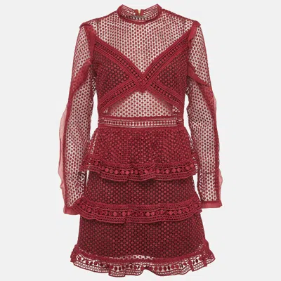 Pre-owned Self-portrait Burgundy Guipure Lace Tiered Mini Dress L