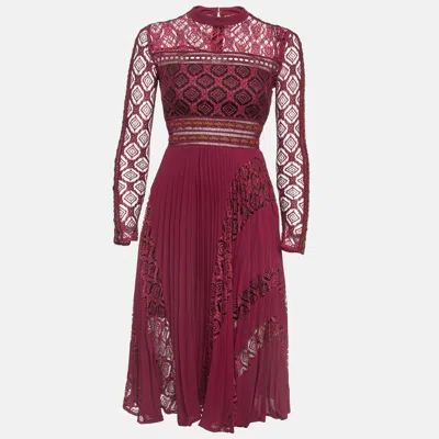 Pre-owned Self-portrait Burgundy Lace And Crepe Plisse Midi Dress S