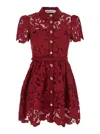 Self-portrait Bordeaux Mini Dress With All-over Lace Floral Embroidery And Pleated Skirt In Tech Fabric Woman