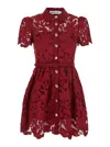 Self-portrait Bordeaux Mini Dress With All-over Lace Floral Embroidery And Pleated Skirt In Tech Fabric Woman In Red