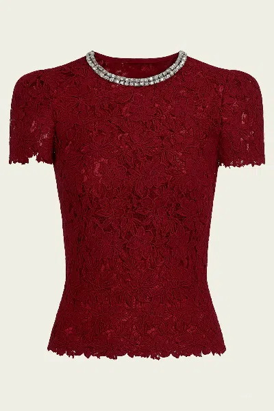 Self-portrait Burgundy Lace Crystal Trim Top In Red
