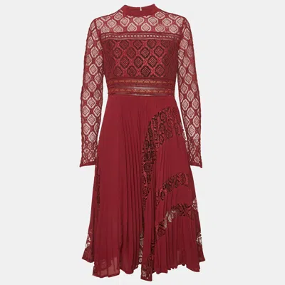 Pre-owned Self-portrait Burgundy Lace Paneled Plisse Midi Dress L