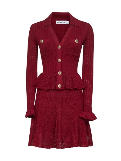 SELF-PORTRAIT BURGUNDY POINTELLE KNIT LONG-SLEEVED MINI DRESS