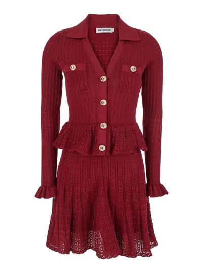 Self-portrait Burgundy Pointelle Knit Mini Dress