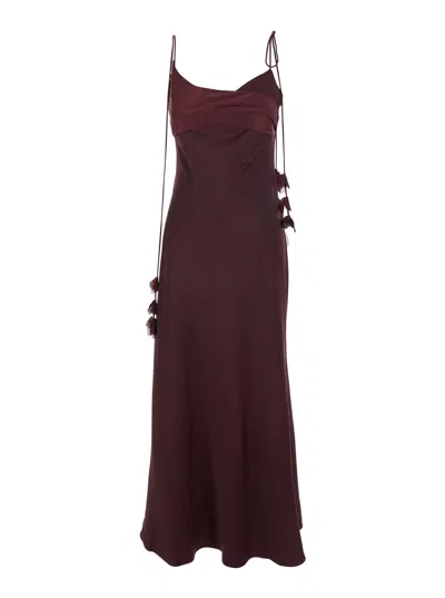 Self-portrait Bordeaux Long Dress With Knotted Shoulder Straps And Floral Details In Fabric Woman In Burgundy