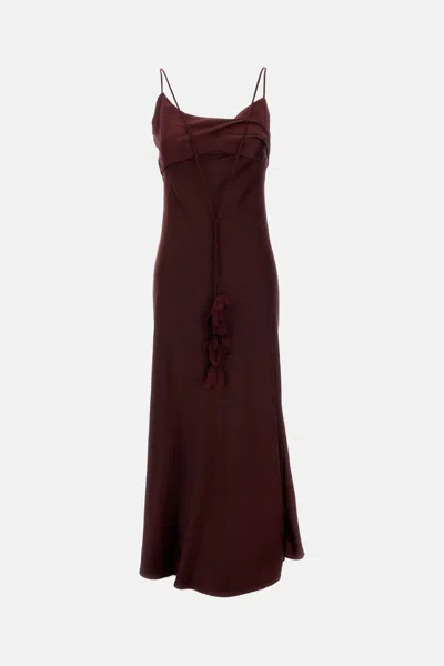 Self-portrait Bordeaux Long Dress With Knotted Shoulder Straps And Floral Details In Fabric Woman In Burgundy