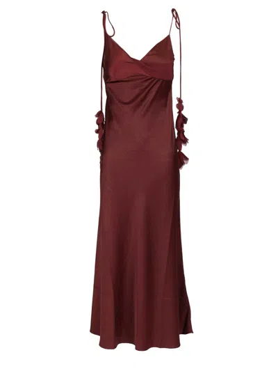 Self-portrait Bordeaux Long Dress With Knotted Shoulder Straps And Floral Details In Fabric Woman In Burgundy