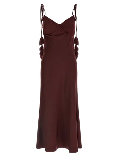 SELF-PORTRAIT BURGUNDY SATIN FLOWER MIDI DRESSES BORDEAUX