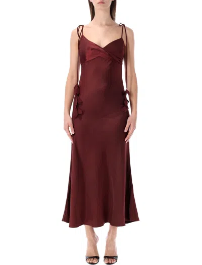 Self-portrait Bordeaux Long Dress With Knotted Shoulder Straps And Floral Details In Fabric Woman In Burgundy