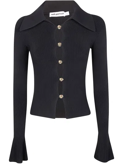 Self-portrait Black Dress With Oversized Collar And Ribbed Design In Viscose Blend Woman