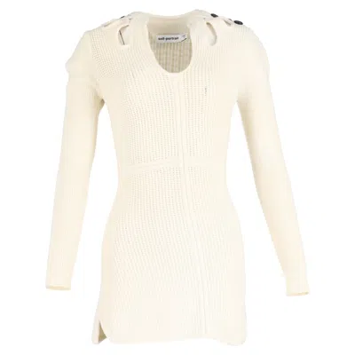 Self-portrait Button-embellished Cutout Ribbed Mini Dress In Cream Cotton In White