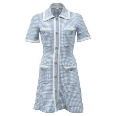Self-portrait Button-embellished Metallic Jacquard Mini Dress In Light Blue Wool