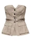 Self-portrait Button-fastening Belted Top In Brown
