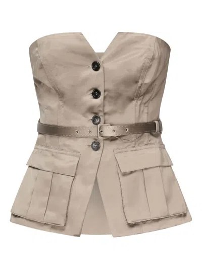 Self-portrait Button-fastening Belted Top In Brown
