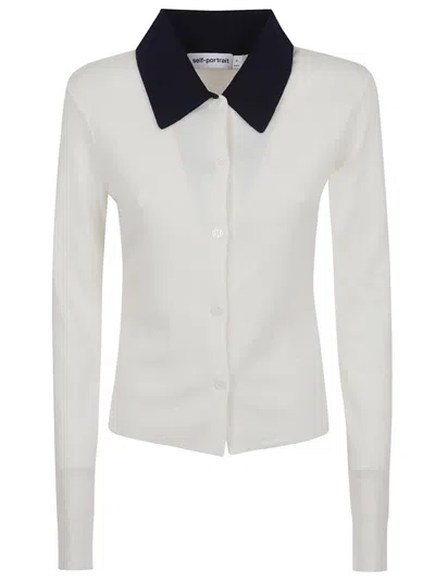 Self-portrait Button-front Cream Merino Wool Cardigan With Contrasting Collar In White
